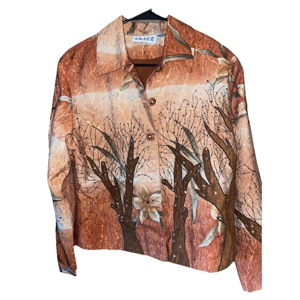 Women’s Vintage Anage Brown And Gold Batik Inspired Forest Scene Jacket Sz M